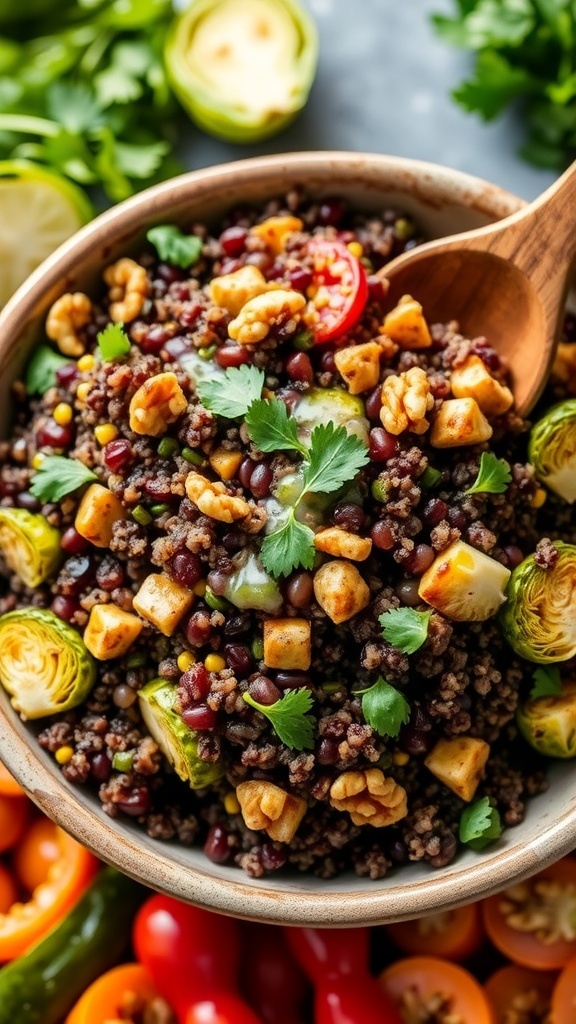 A colorful quinoa salad with roasted Brussels sprouts, walnuts, and parsley in a rustic bowl.